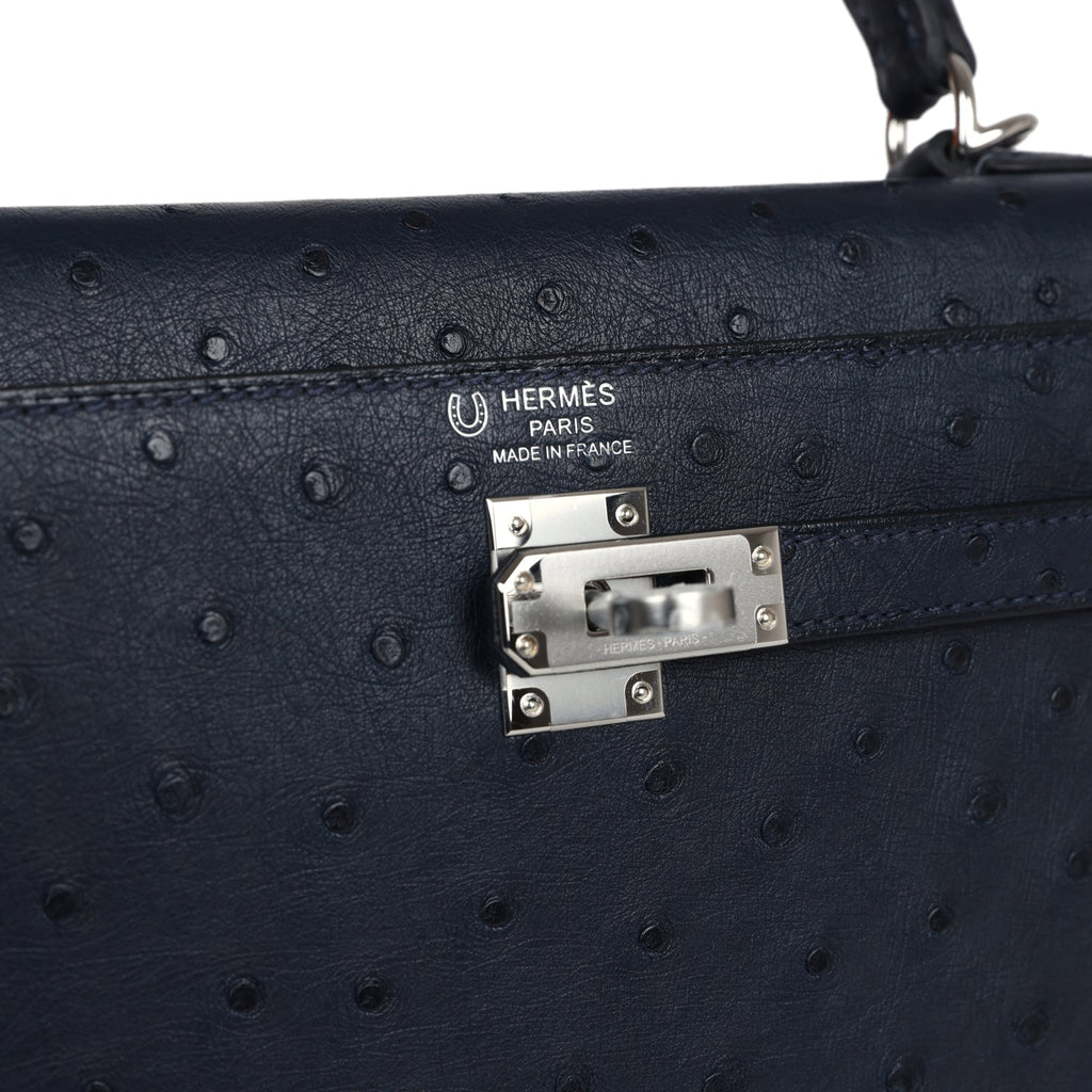 Hermes Special Order (HSS) Kelly Sellier 25 Bleu Indigo Verso Ostrich Palladium Hardware - Exclusu