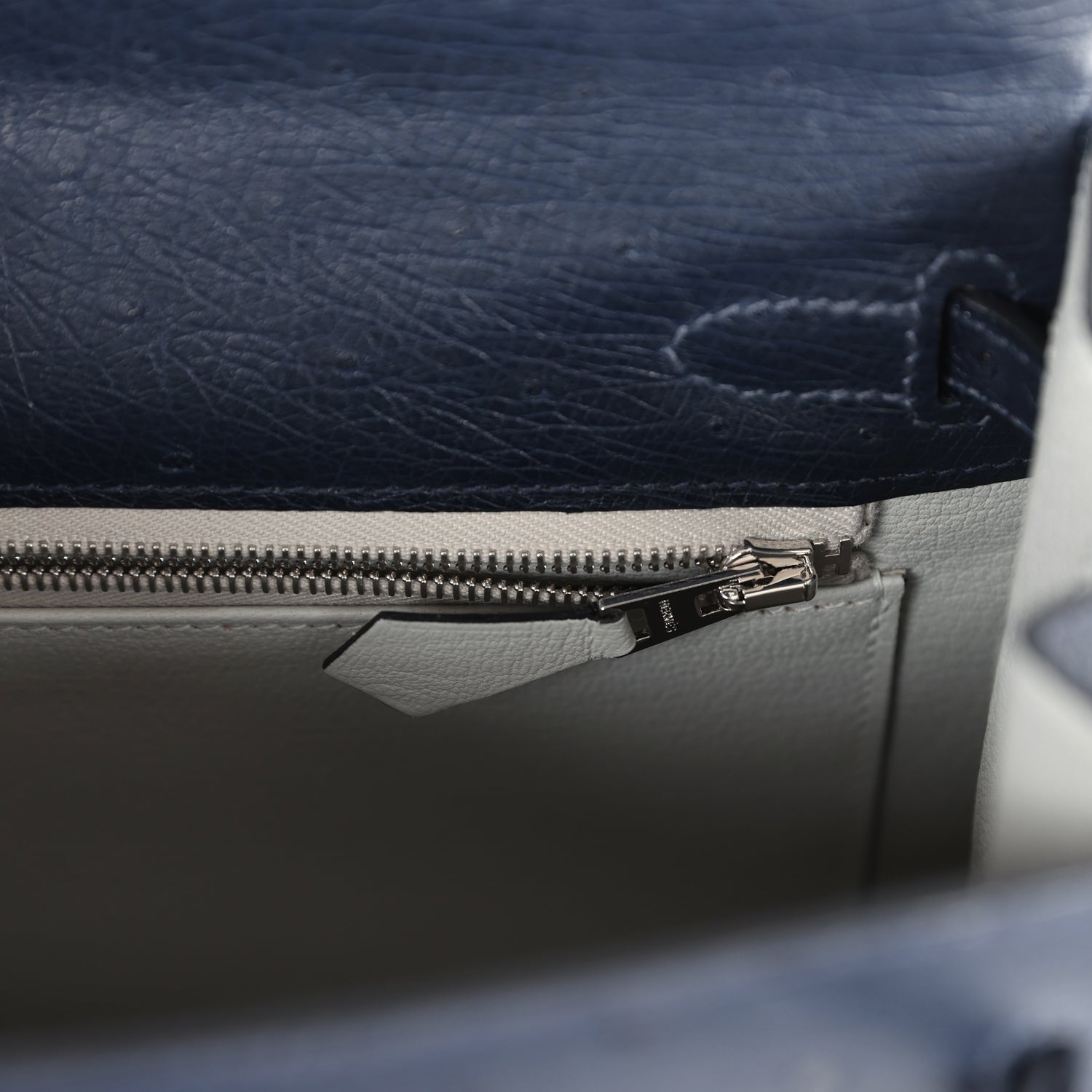 Hermes Special Order (HSS) Kelly Sellier 25 Bleu Indigo Verso Ostrich Palladium Hardware - Exclusu