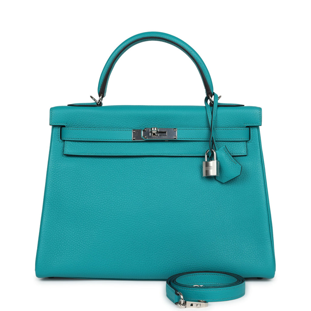 Hermes Kelly Retourne 32 Bleu Paon Clemence Palladium Hardware - Exclusu