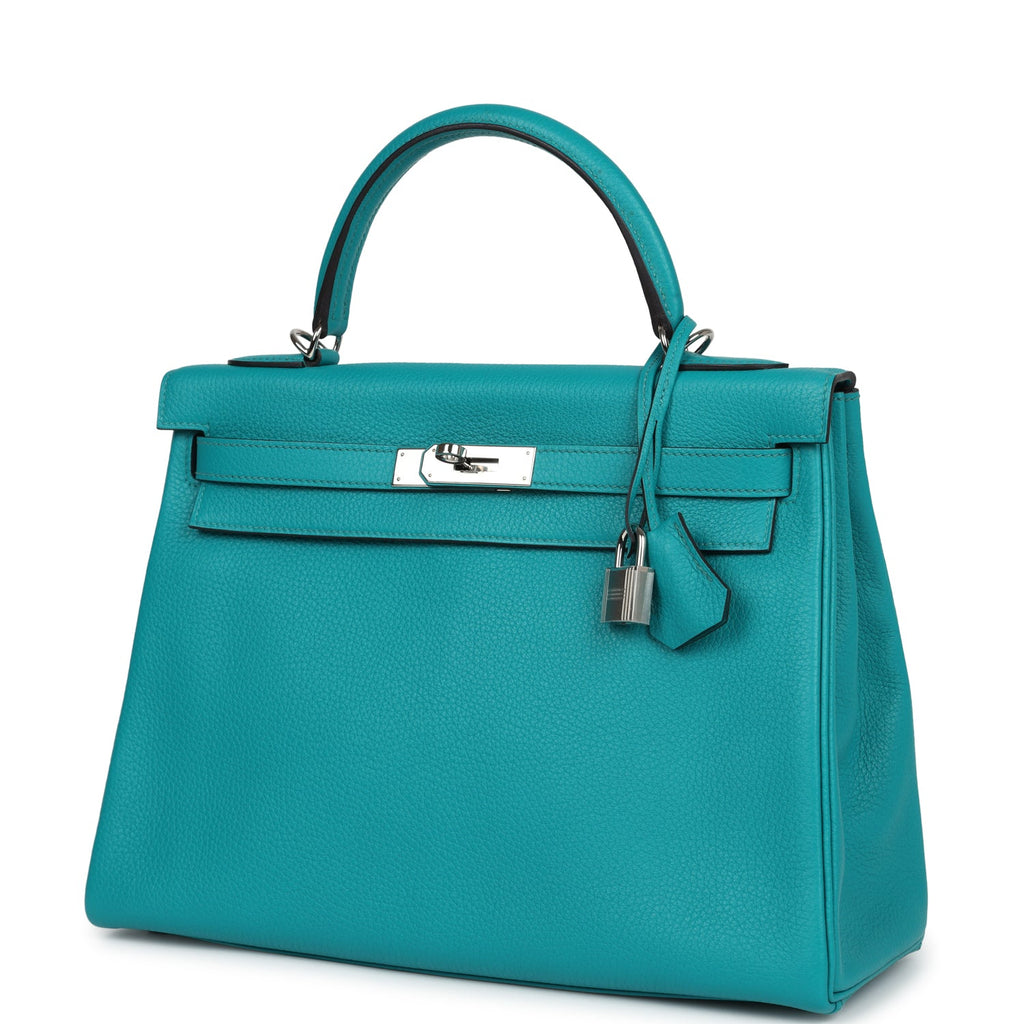 Hermes Kelly Retourne 32 Bleu Paon Clemence Palladium Hardware - Exclusu