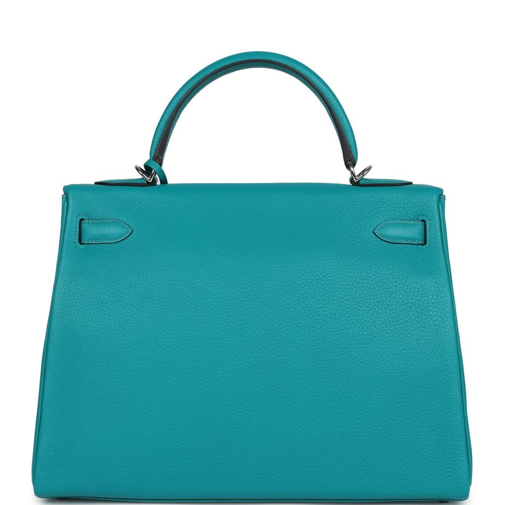 Hermes Kelly Retourne 32 Bleu Paon Clemence Palladium Hardware - Exclusu
