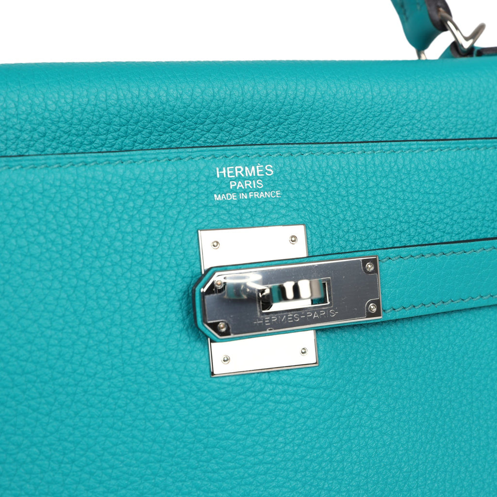 Hermes Kelly Retourne 32 Bleu Paon Clemence Palladium Hardware - Exclusu