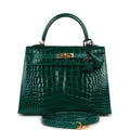 Hermes Kelly Sellier 25 Emerald Shiny Alligator Gold Hardware - Exclusu