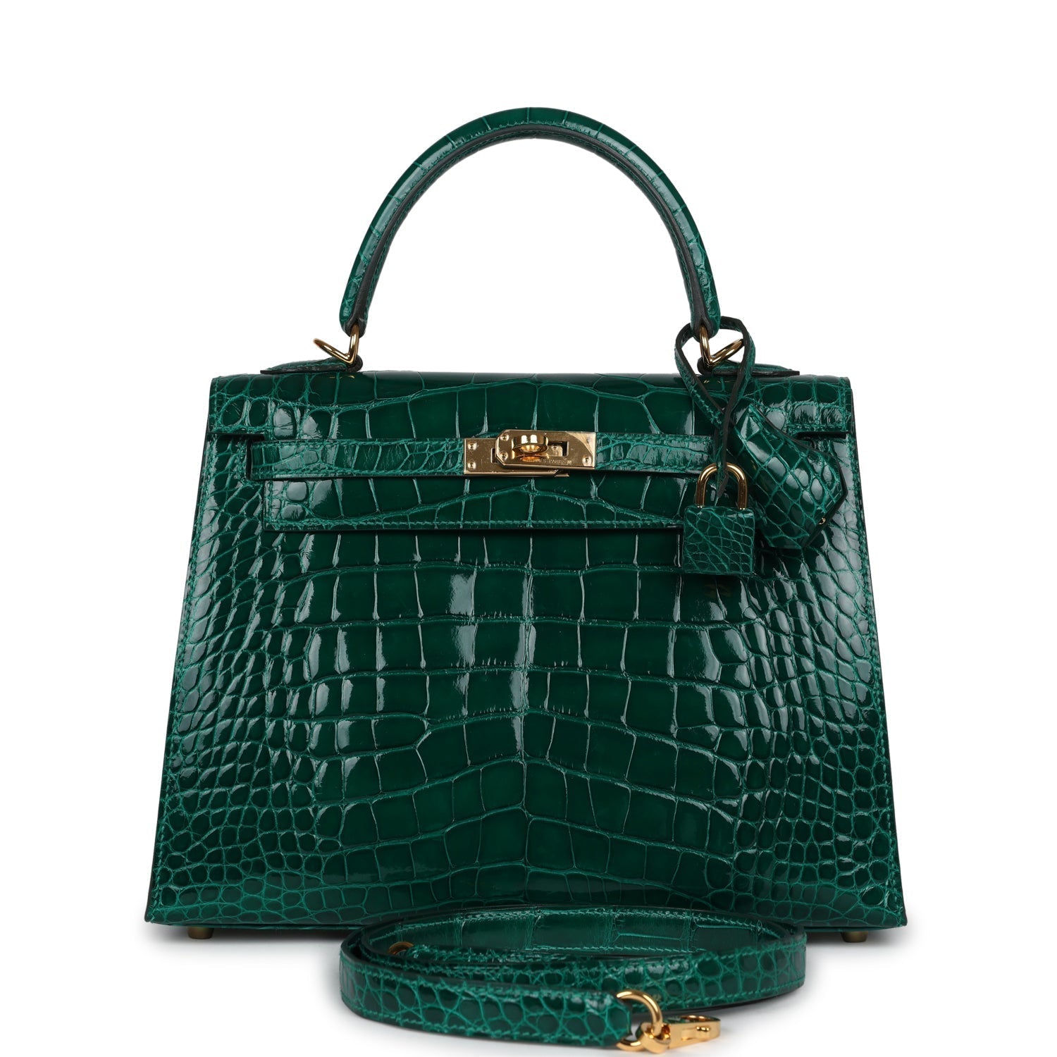 Hermes Kelly Sellier 25 Emerald Shiny Alligator Gold Hardware - Exclusu