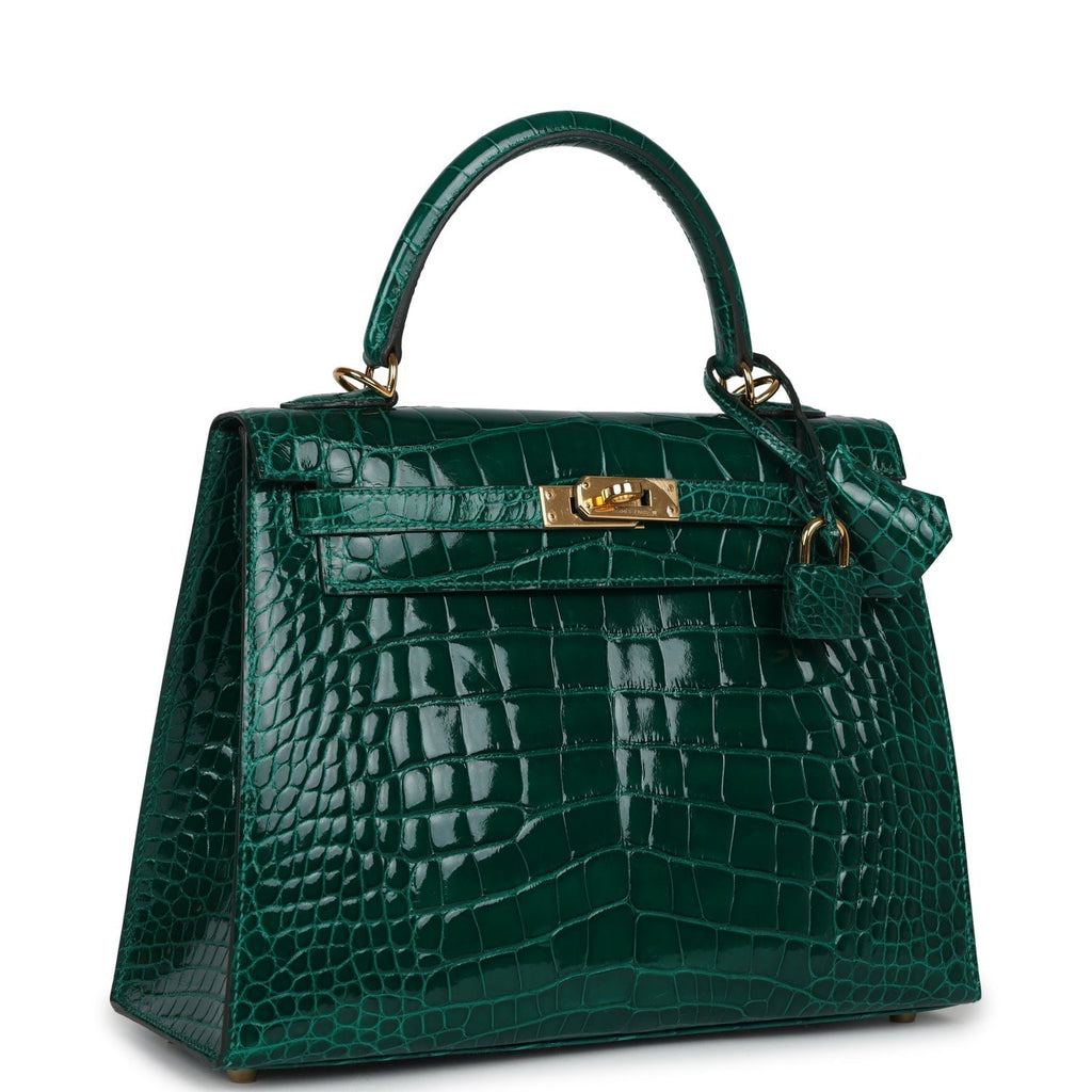 Hermes Kelly Sellier 25 Emerald Shiny Alligator Gold Hardware - Exclusu