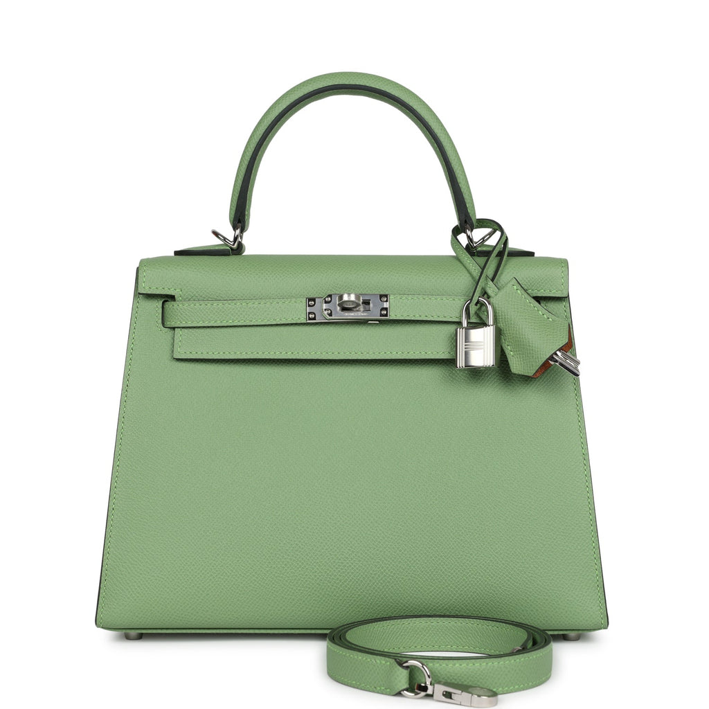 Hermes Kelly Sellier 25 Vert Criquet Verso Epsom Palladium Hardware - Exclusu