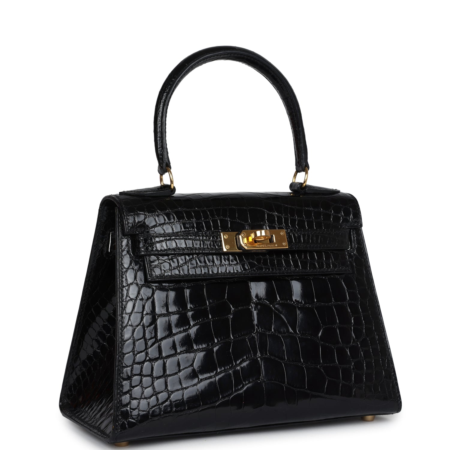 Hermes Kelly Sellier 20 Black Shiny Alligator Gold Hardware - Exclusu