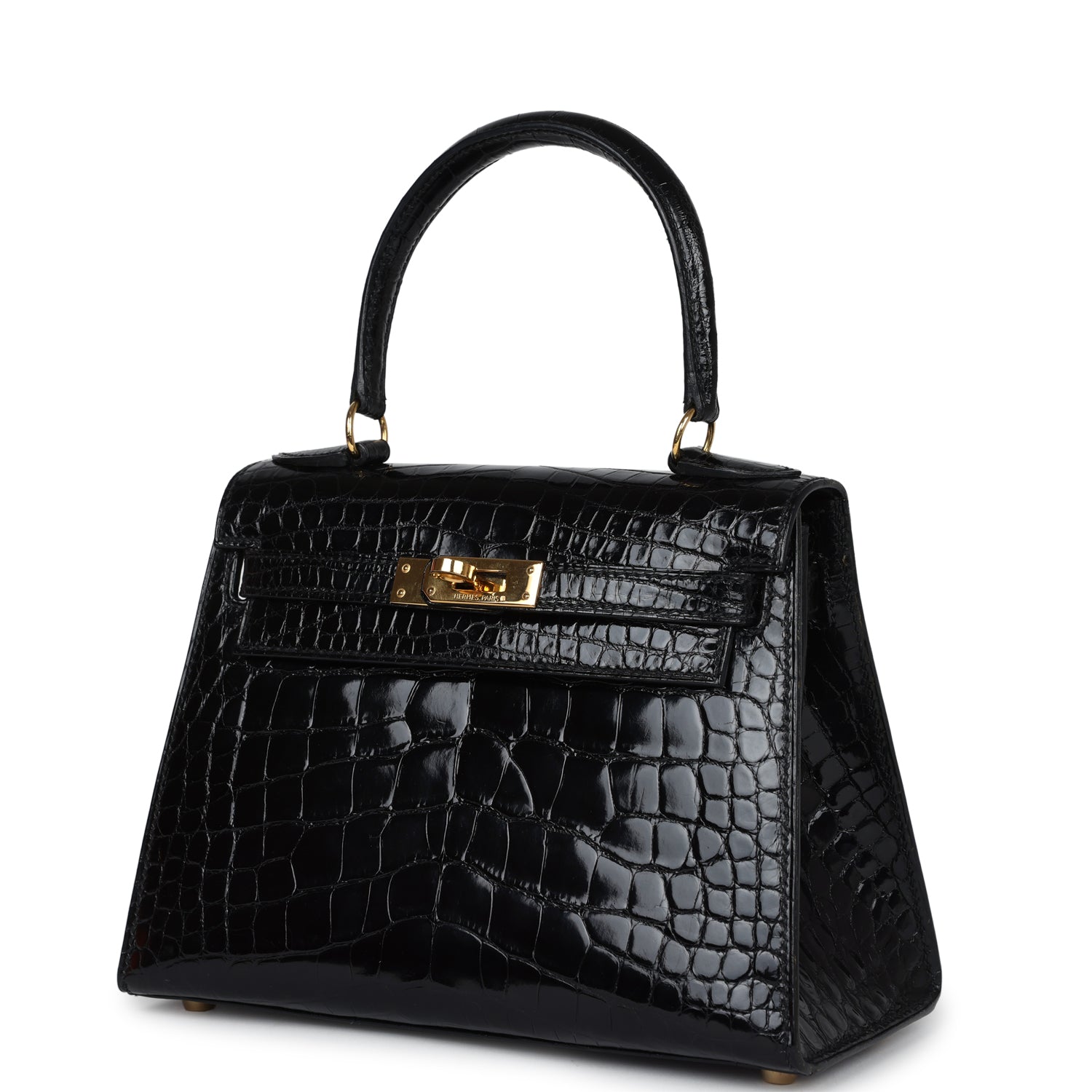 Hermes Kelly Sellier 20 Black Shiny Alligator Gold Hardware - Exclusu