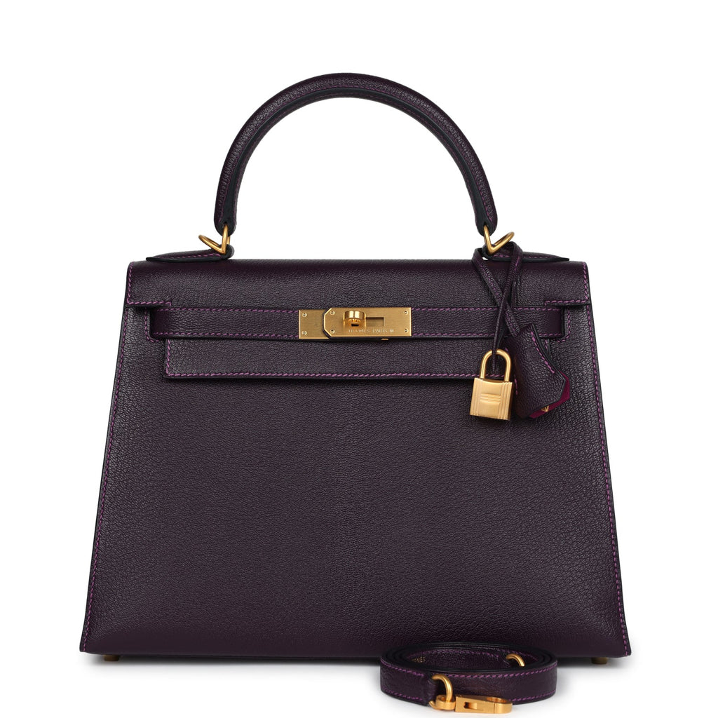 Hermes Special Order (HSS) Kelly Sellier 28 Raisin Verso Chevre Brushed Gold Hardware - Exclusu