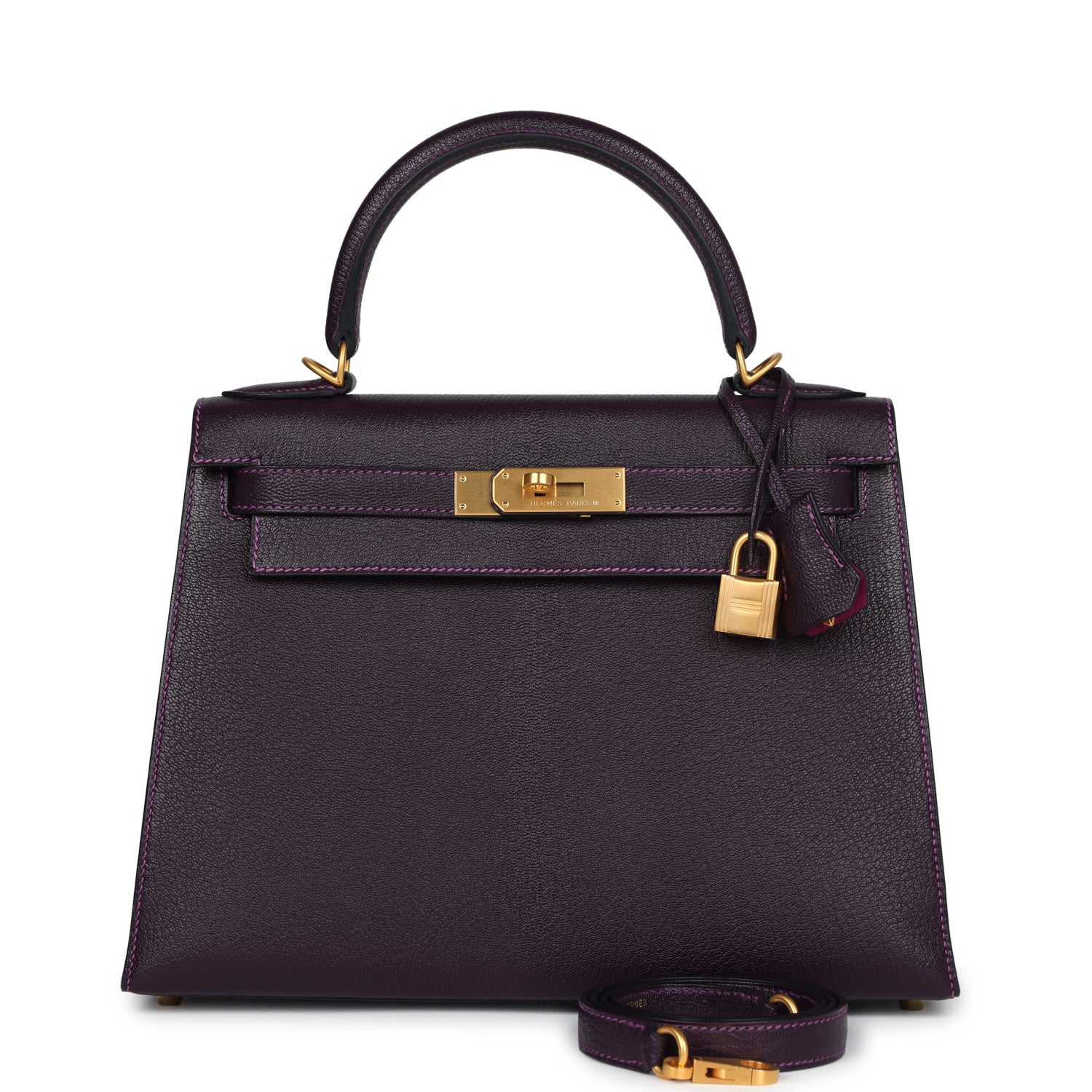 Hermes Special Order (HSS) Kelly Sellier 28 Raisin Verso Chevre Brushed Gold Hardware - Exclusu