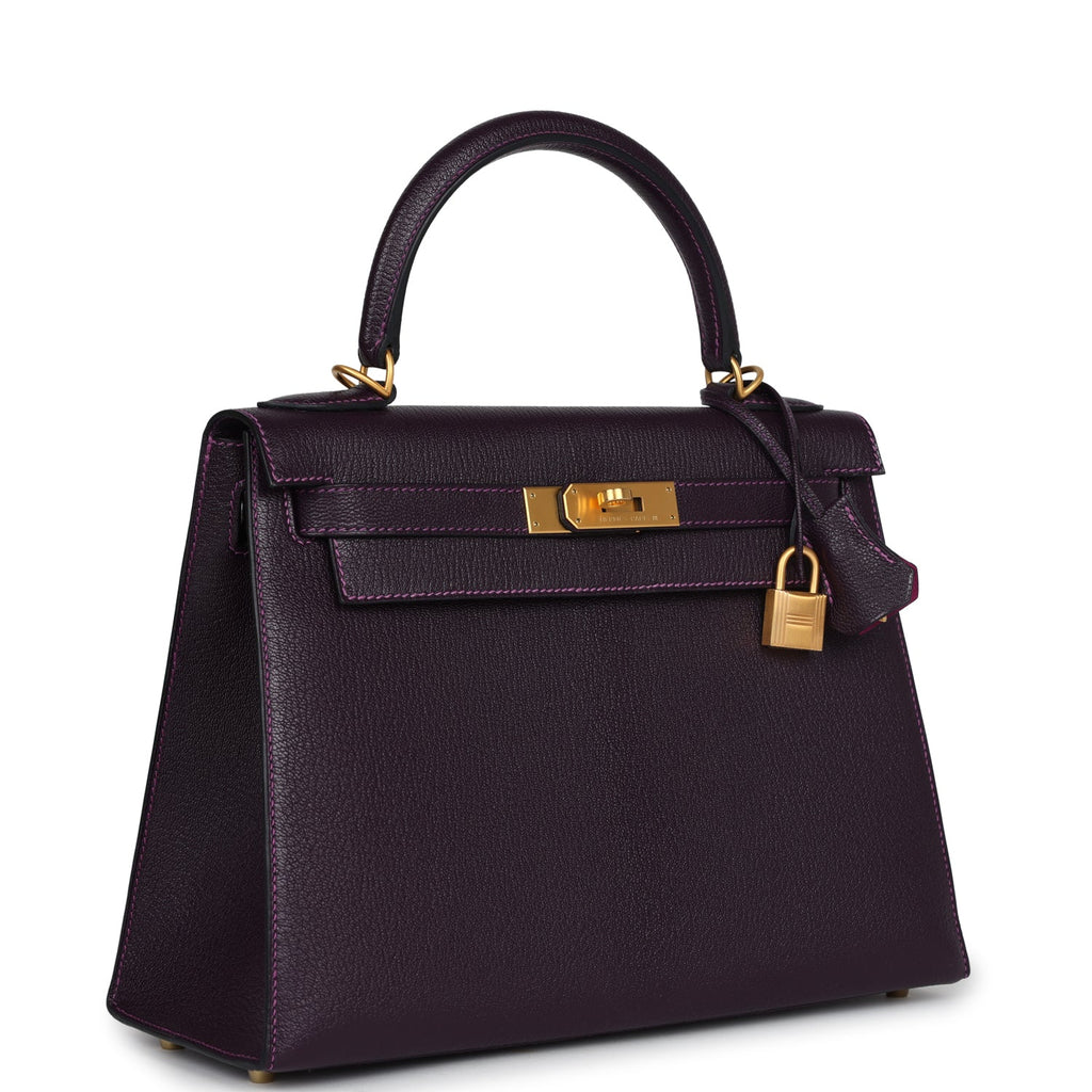 Hermes Special Order (HSS) Kelly Sellier 28 Raisin Verso Chevre Brushed Gold Hardware - Exclusu