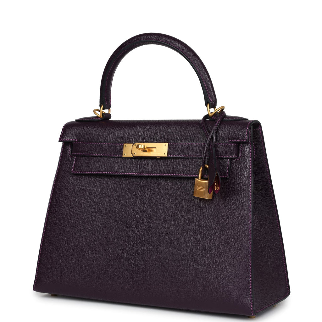 Hermes Special Order (HSS) Kelly Sellier 28 Raisin Verso Chevre Brushed Gold Hardware - Exclusu