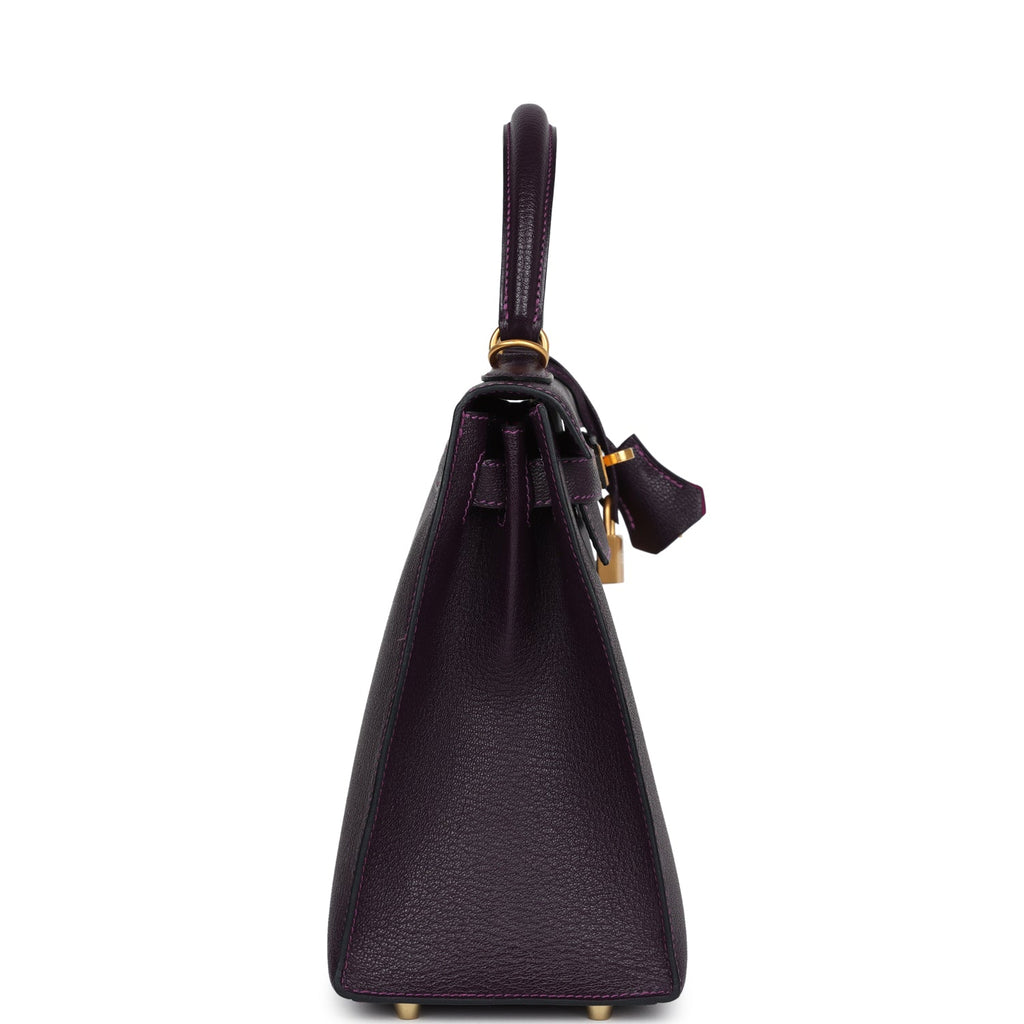 Hermes Special Order (HSS) Kelly Sellier 28 Raisin Verso Chevre Brushed Gold Hardware - Exclusu