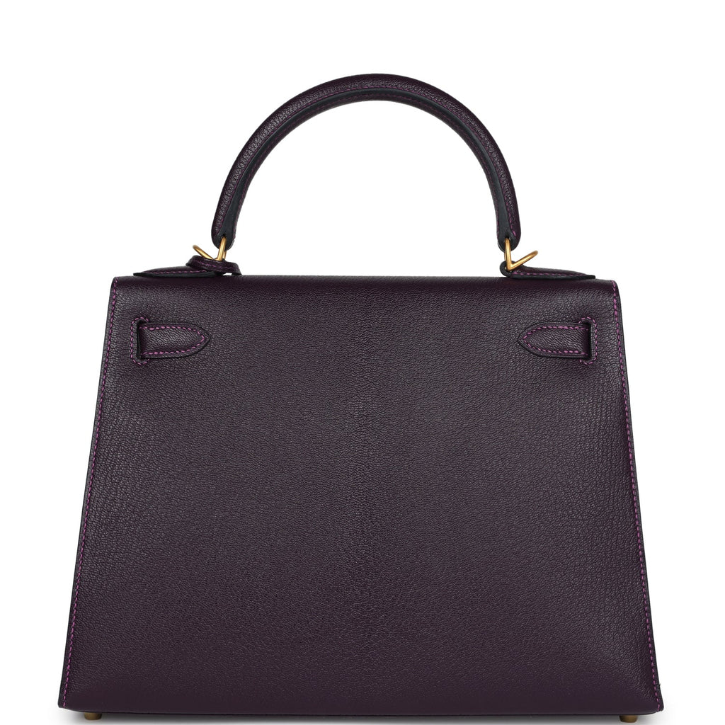 Hermes Special Order (HSS) Kelly Sellier 28 Raisin Verso Chevre Brushed Gold Hardware - Exclusu