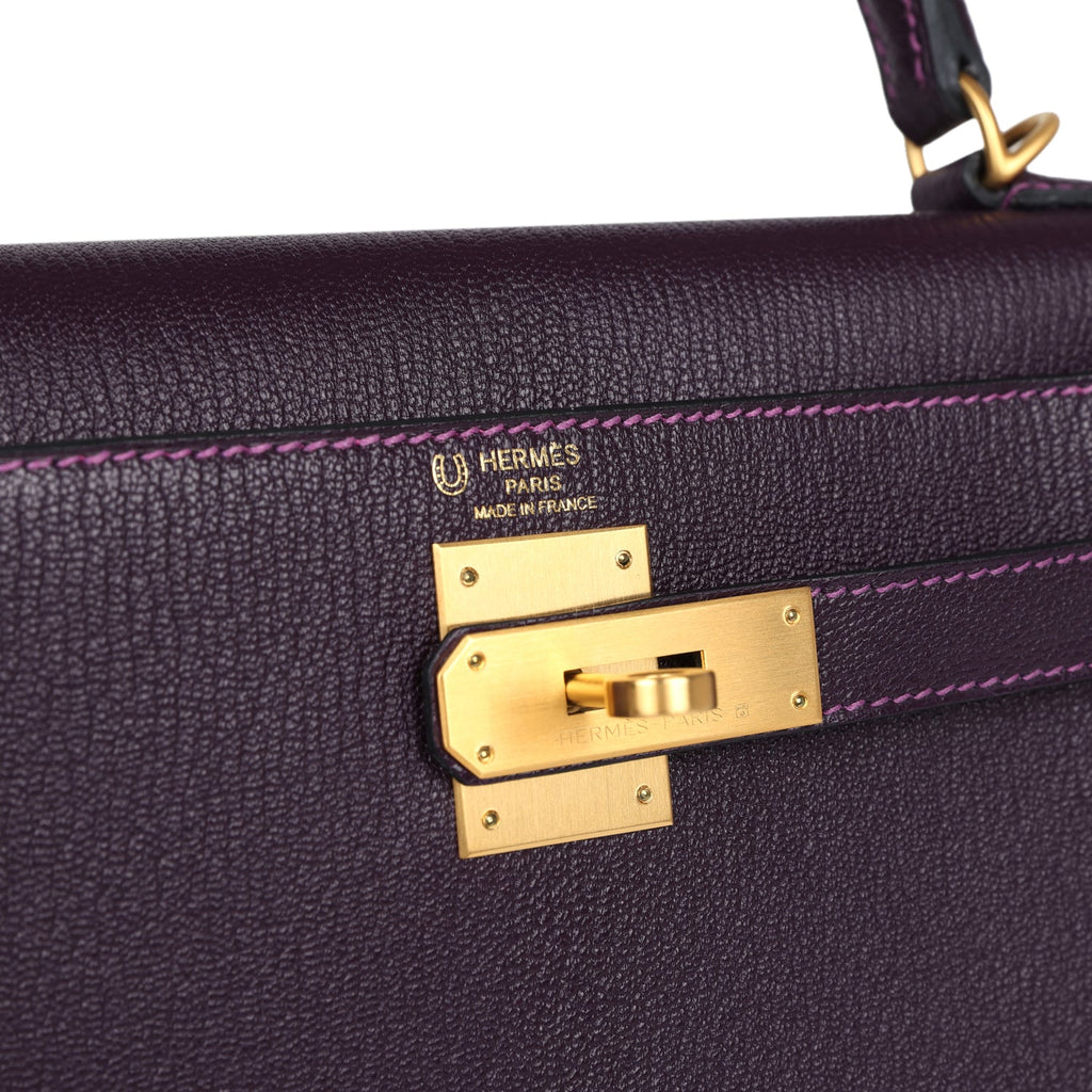 Hermes Special Order (HSS) Kelly Sellier 28 Raisin Verso Chevre Brushed Gold Hardware - Exclusu