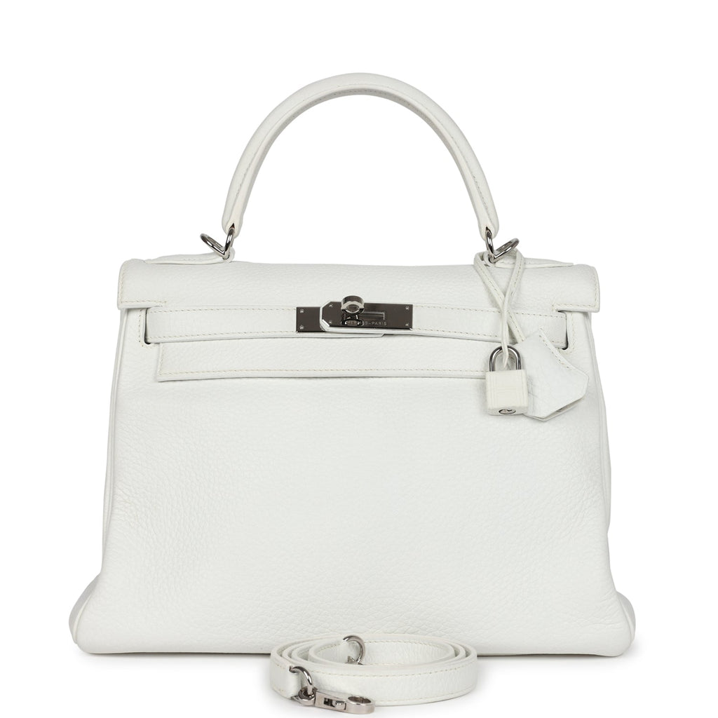 Hermes Kelly Retourne 28 White Clemence Palladium Hardware - Exclusu
