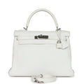 Hermes Kelly Retourne 28 White Clemence Palladium Hardware - Exclusu