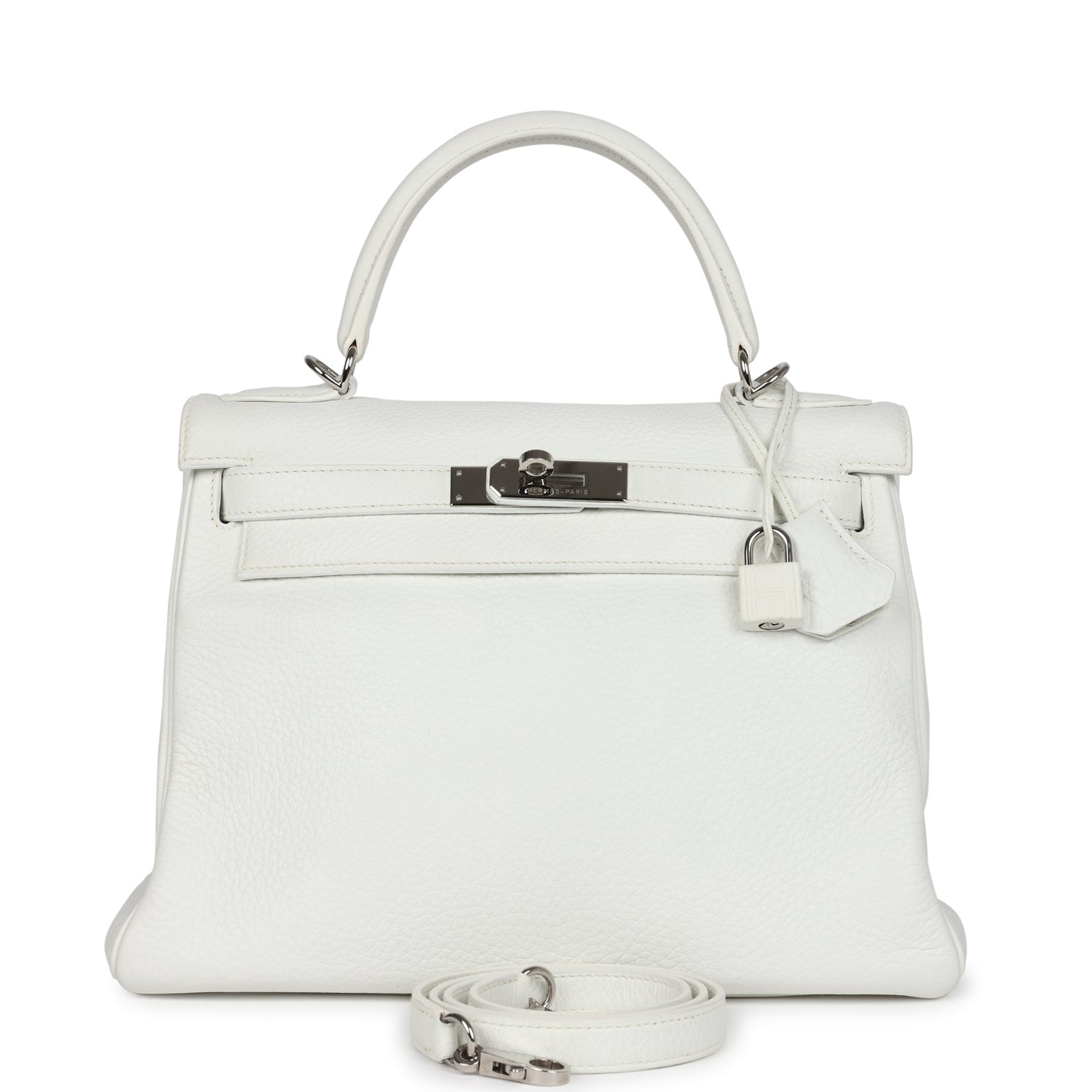 Hermes Kelly Retourne 28 White Clemence Palladium Hardware - Exclusu