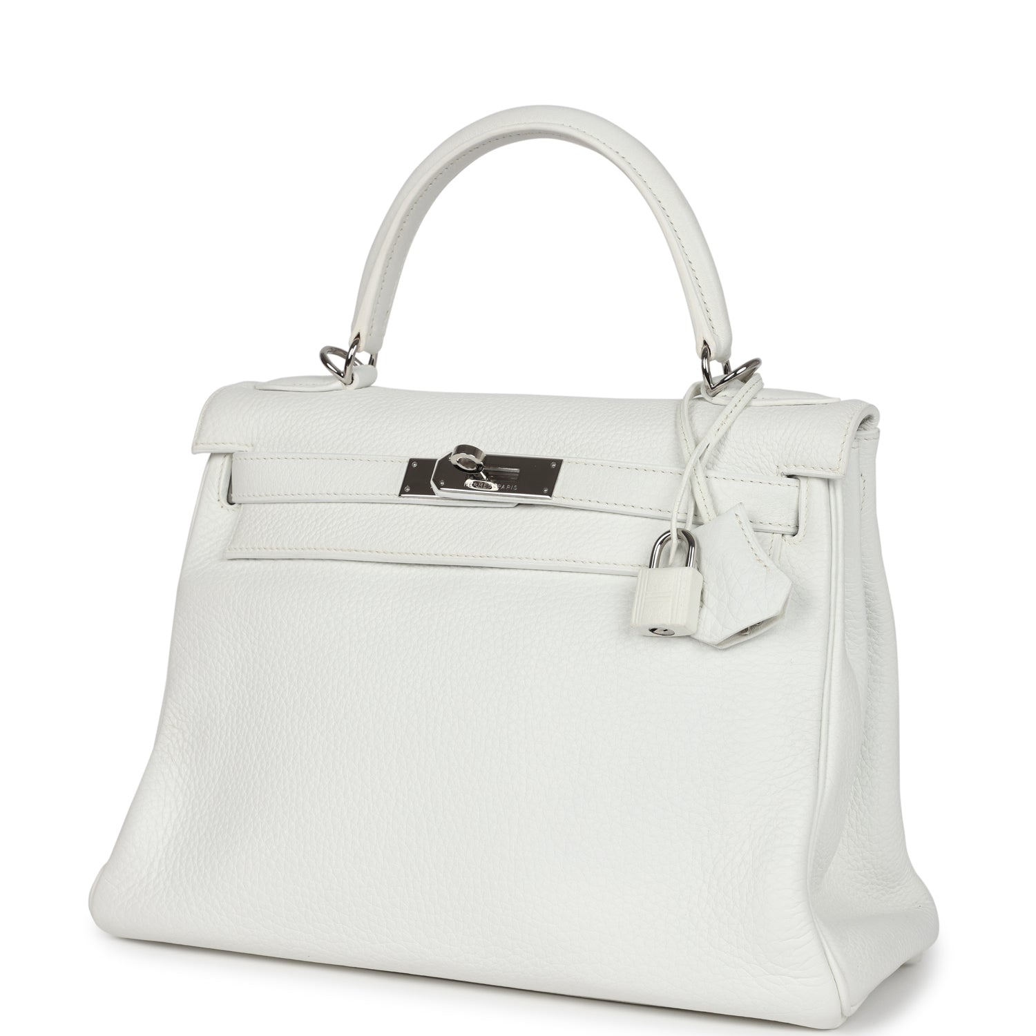 Hermes Kelly Retourne 28 White Clemence Palladium Hardware - Exclusu