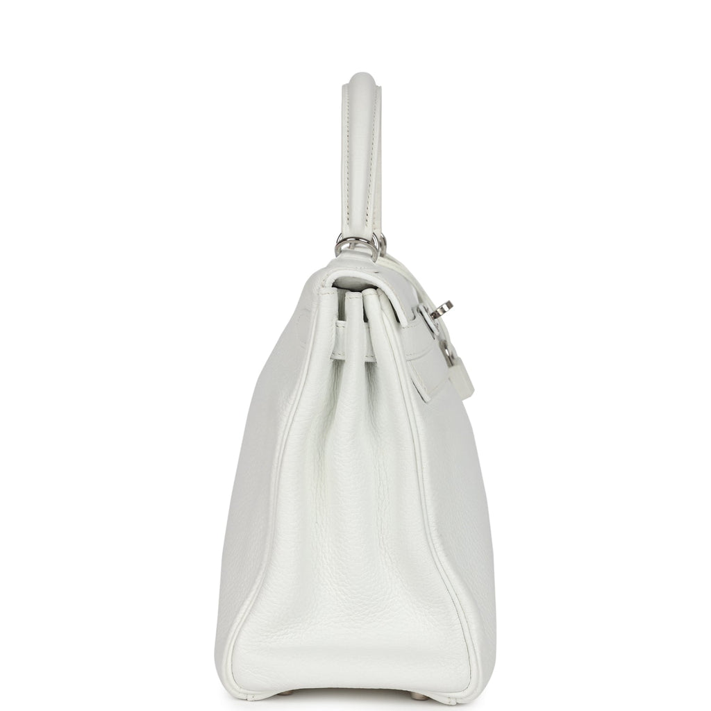 Hermes Kelly Retourne 28 White Clemence Palladium Hardware - Exclusu