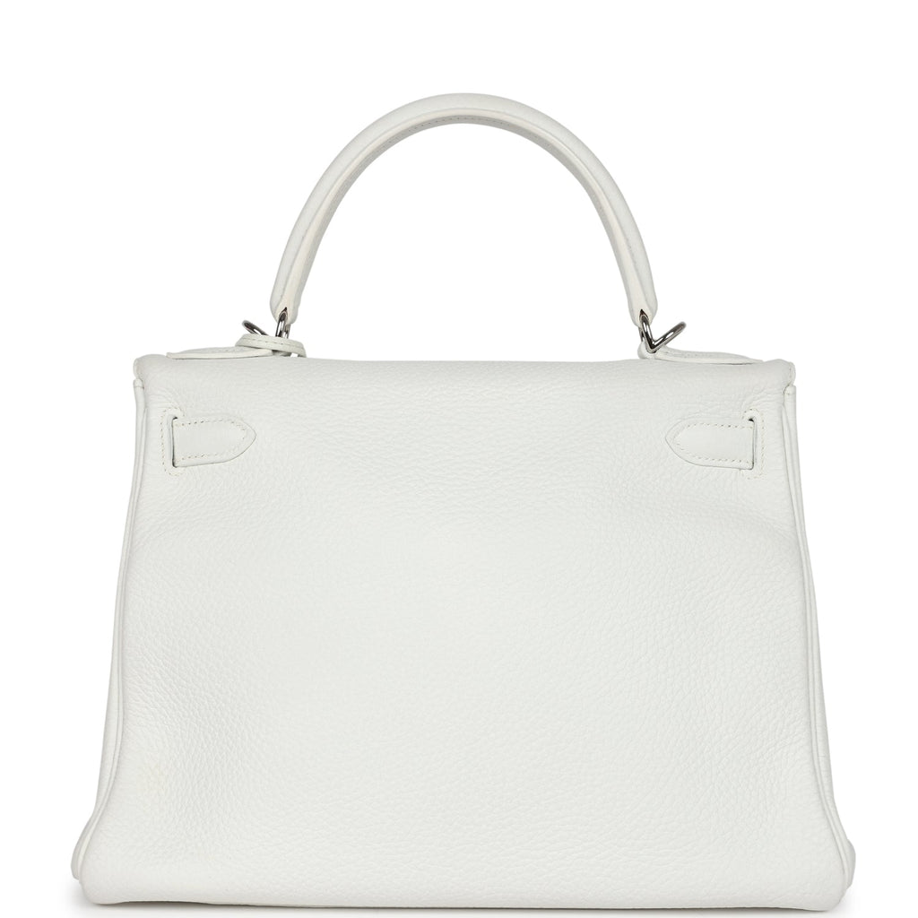 Hermes Kelly Retourne 28 White Clemence Palladium Hardware - Exclusu