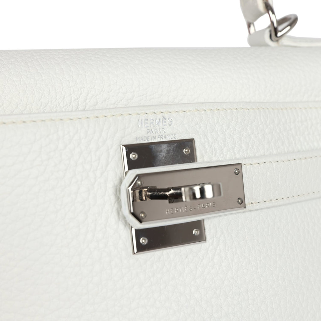 Hermes Kelly Retourne 28 White Clemence Palladium Hardware - Exclusu