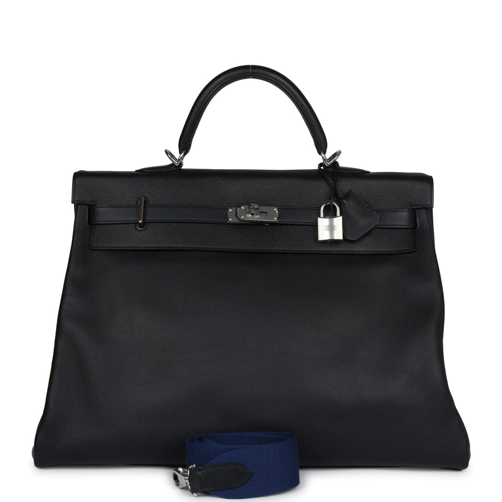 Hermes Kelly Voyage 50 Black Evercolor Palladium Hardware - Exclusu