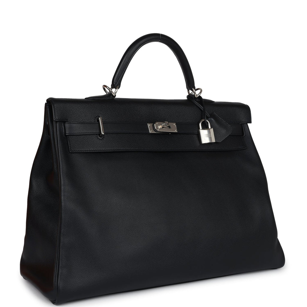 Hermes Kelly Voyage 50 Black Evercolor Palladium Hardware - Exclusu