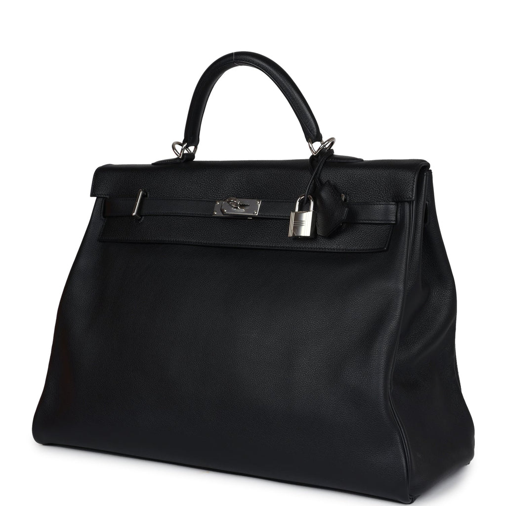 Hermes Kelly Voyage 50 Black Evercolor Palladium Hardware - Exclusu