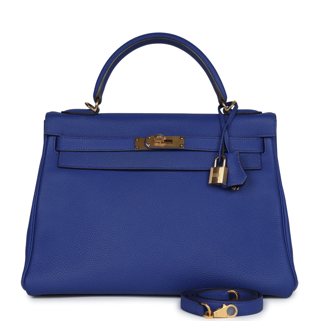 Hermes Kelly Retourne 32 Bleu Electric Togo Gold Hardware - Exclusu