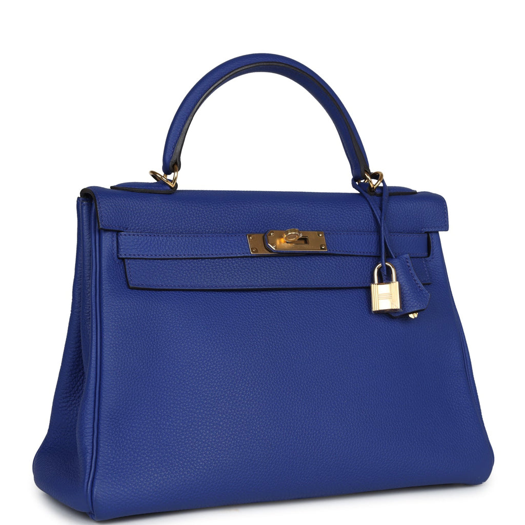 Hermes Kelly Retourne 32 Bleu Electric Togo Gold Hardware - Exclusu