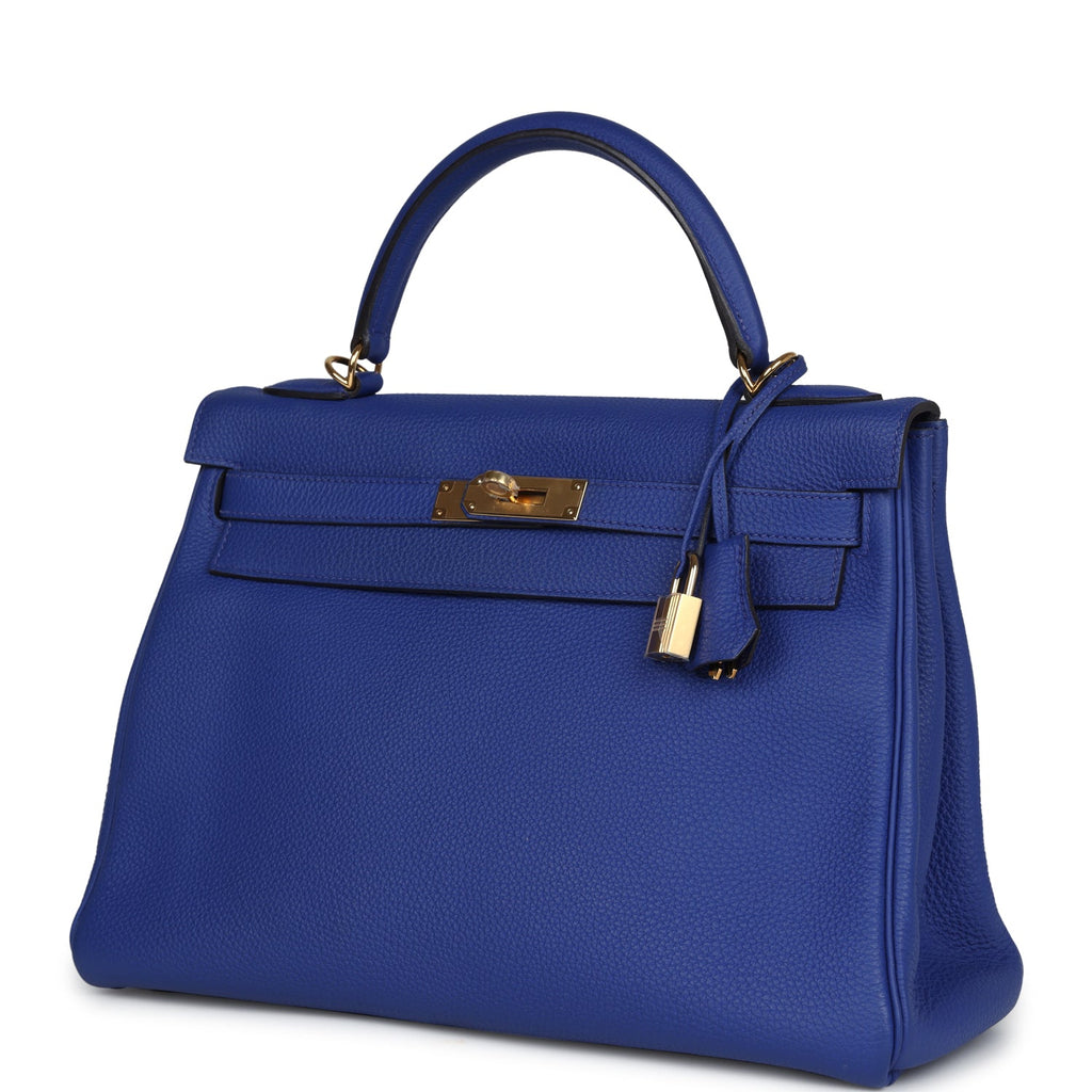 Hermes Kelly Retourne 32 Bleu Electric Togo Gold Hardware - Exclusu
