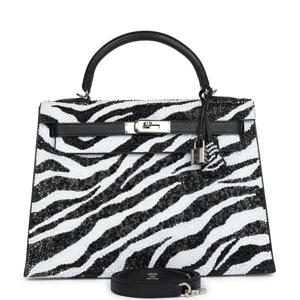 Custom Zebra Swarovski Crystal Hermes Kelly Sellier 32 Black Epsom Palladium Hardware - Exclusu