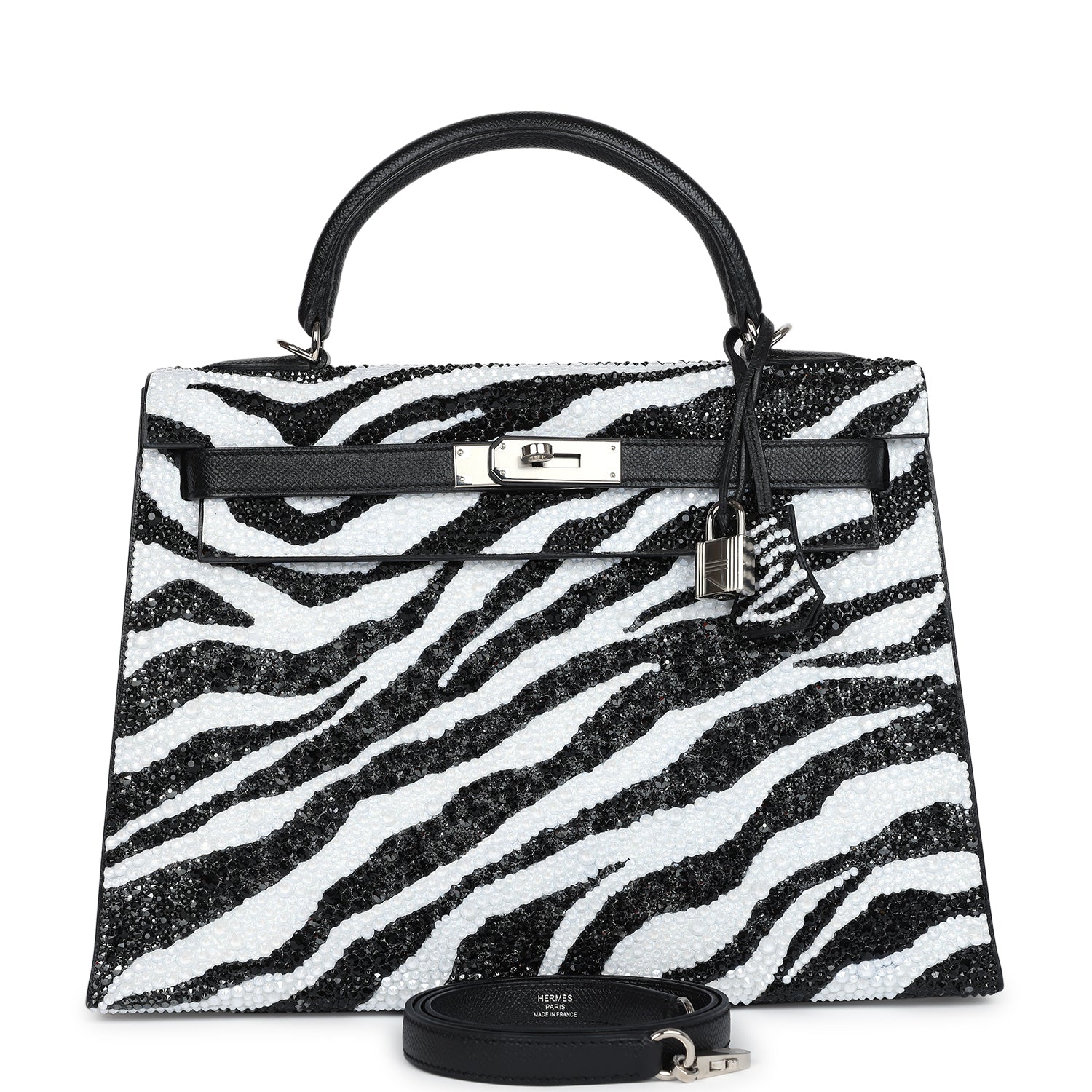 Custom Zebra Swarovski Crystal Hermes Kelly Sellier 32 Black Epsom Palladium Hardware - Exclusu