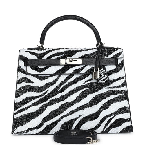 Custom Zebra Swarovski Crystal Hermes Kelly Sellier 32 Black Epsom Palladium Hardware - Exclusu