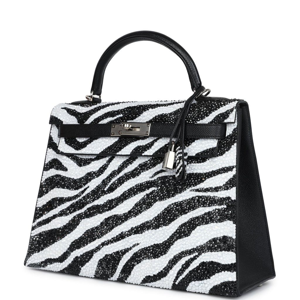Custom Zebra Swarovski Crystal Hermes Kelly Sellier 32 Black Epsom Palladium Hardware - Exclusu