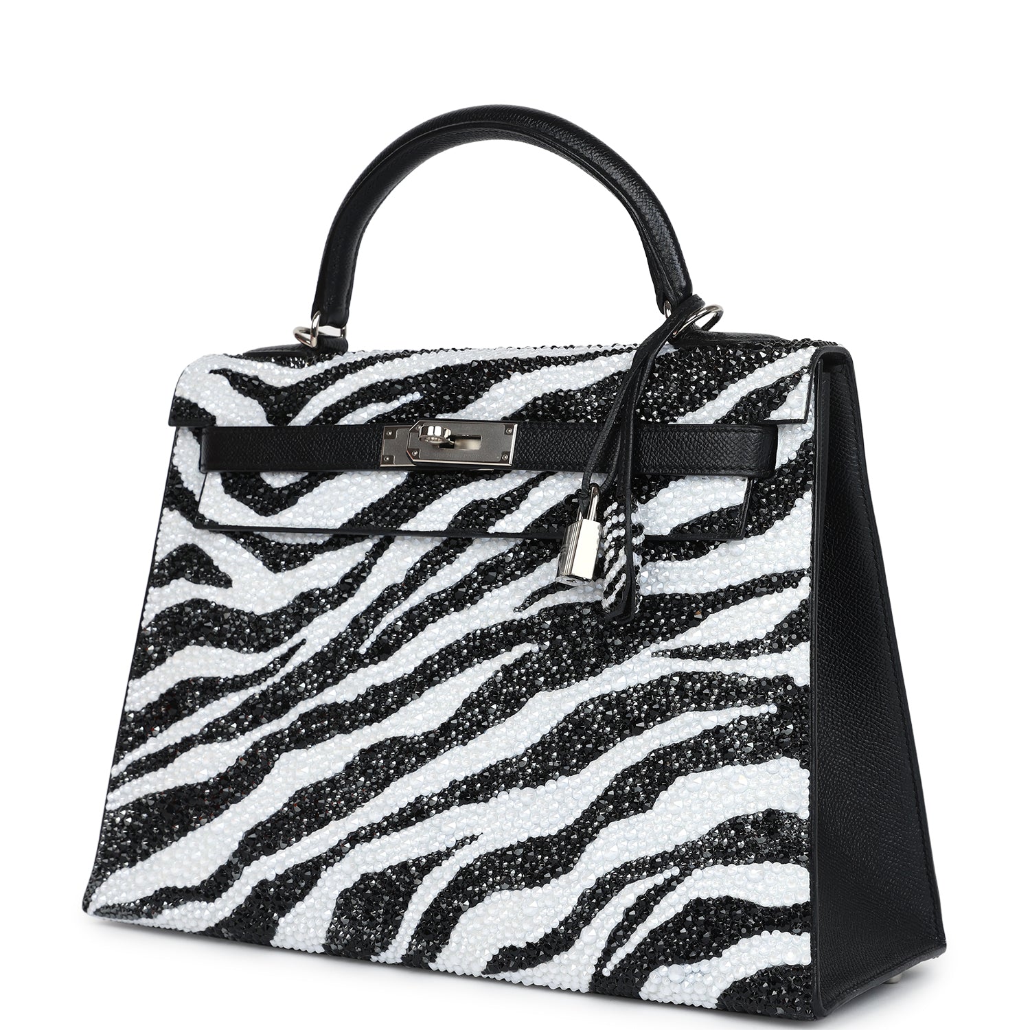 Custom Zebra Swarovski Crystal Hermes Kelly Sellier 32 Black Epsom Palladium Hardware - Exclusu