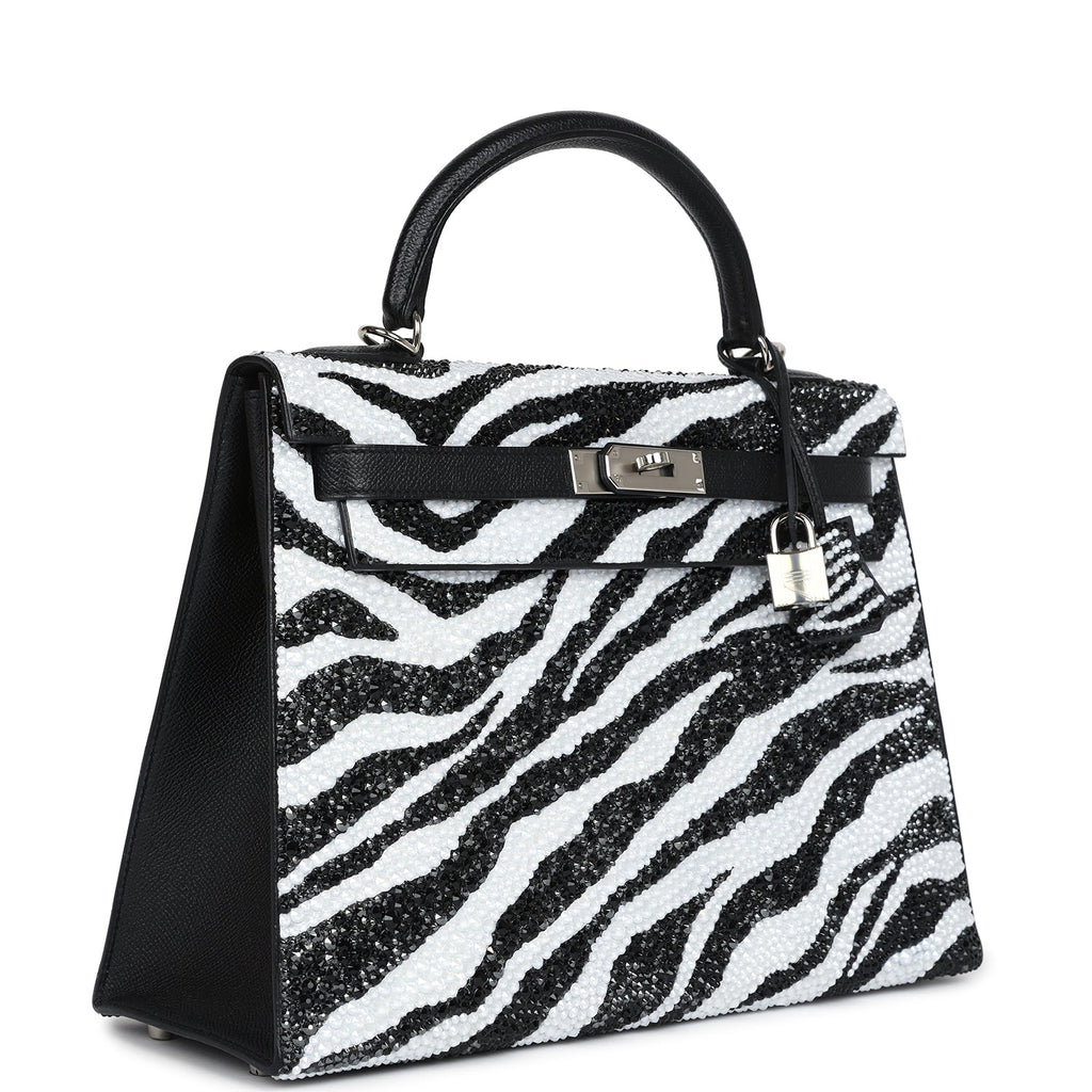 Custom Zebra Swarovski Crystal Hermes Kelly Sellier 32 Black Epsom Palladium Hardware - Exclusu