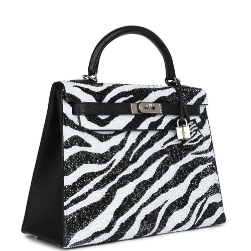 Custom Zebra Swarovski Crystal Hermes Kelly Sellier 32 Black Epsom Palladium Hardware - Exclusu