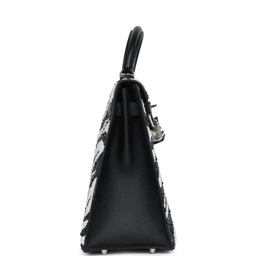 Custom Zebra Swarovski Crystal Hermes Kelly Sellier 32 Black Epsom Palladium Hardware - Exclusu