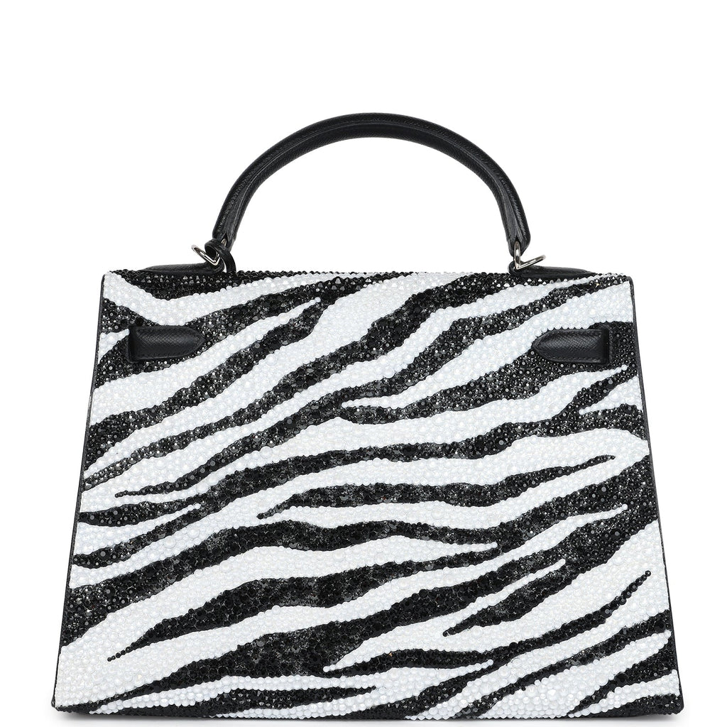 Custom Zebra Swarovski Crystal Hermes Kelly Sellier 32 Black Epsom Palladium Hardware - Exclusu