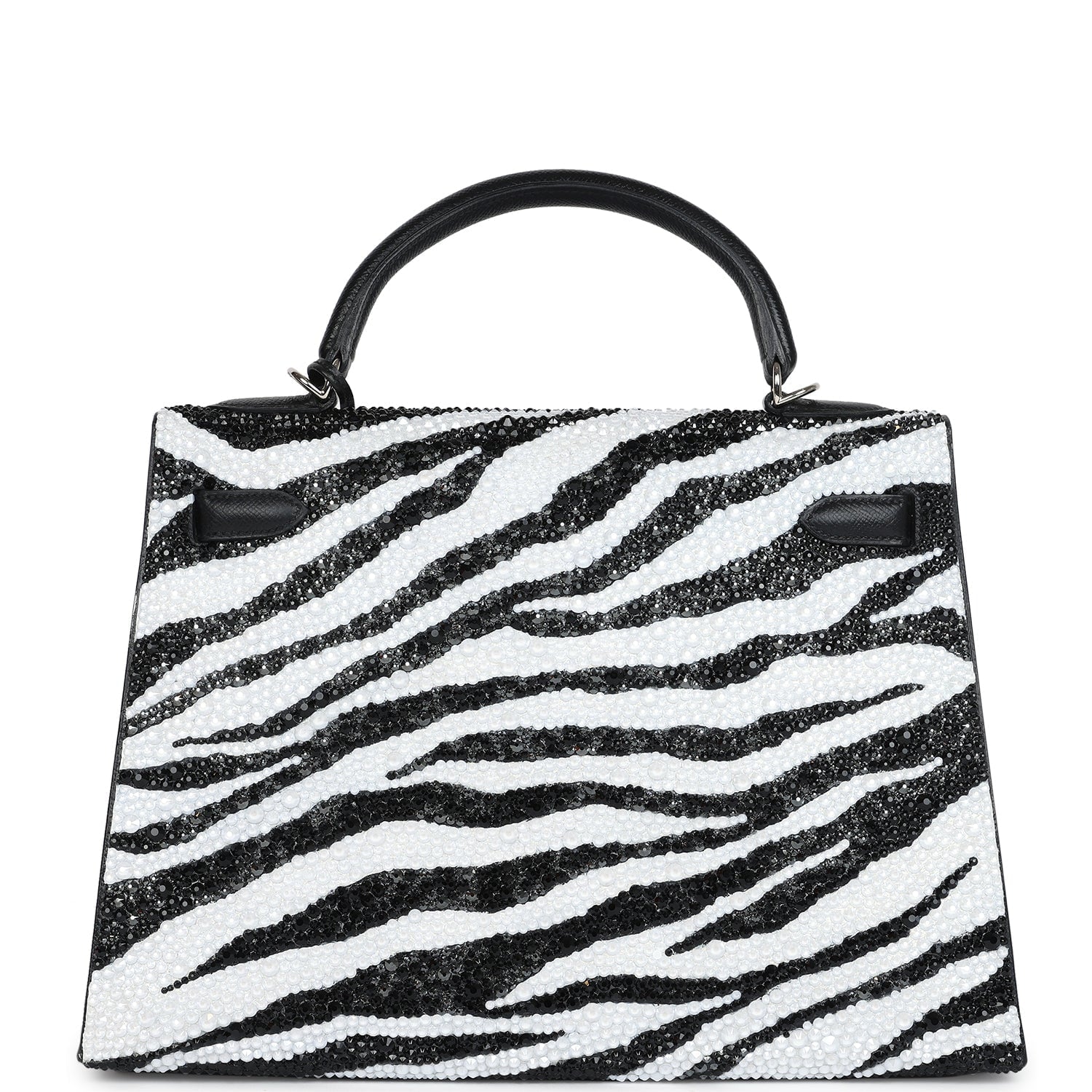 Custom Zebra Swarovski Crystal Hermes Kelly Sellier 32 Black Epsom Palladium Hardware - Exclusu