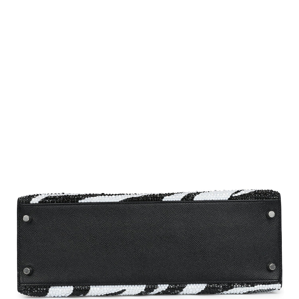 Custom Zebra Swarovski Crystal Hermes Kelly Sellier 32 Black Epsom Palladium Hardware - Exclusu
