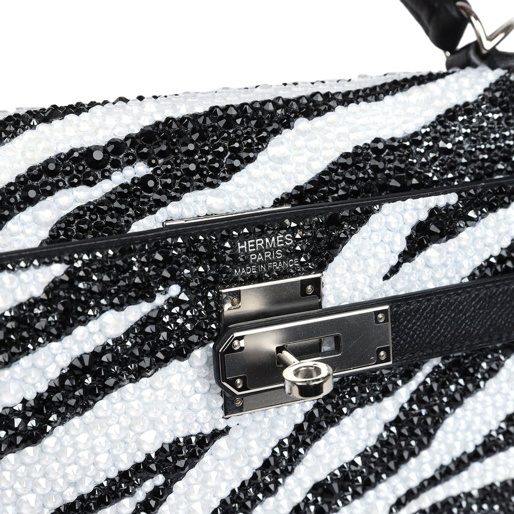 Custom Zebra Swarovski Crystal Hermes Kelly Sellier 32 Black Epsom Palladium Hardware - Exclusu