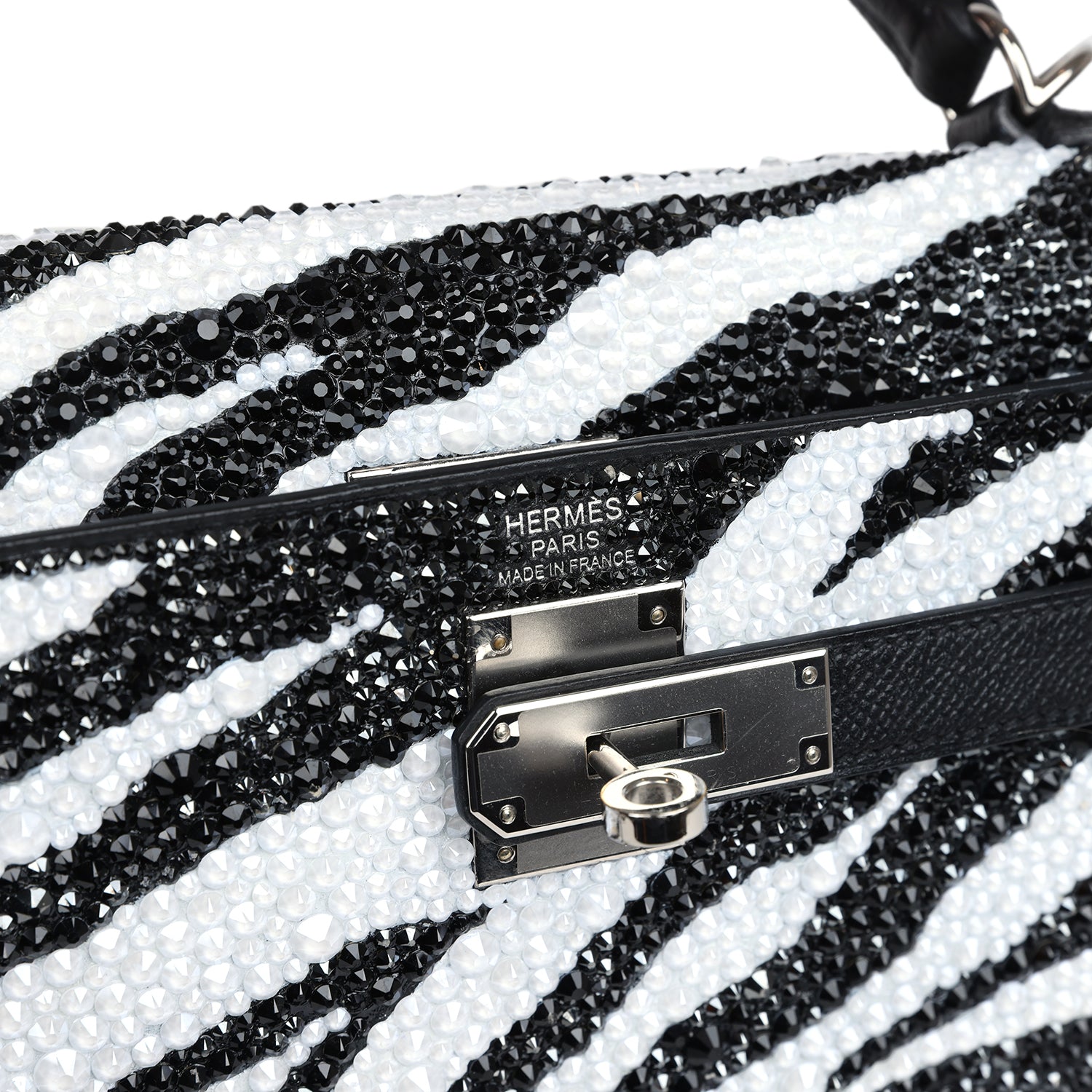 Custom Zebra Swarovski Crystal Hermes Kelly Sellier 32 Black Epsom Palladium Hardware - Exclusu