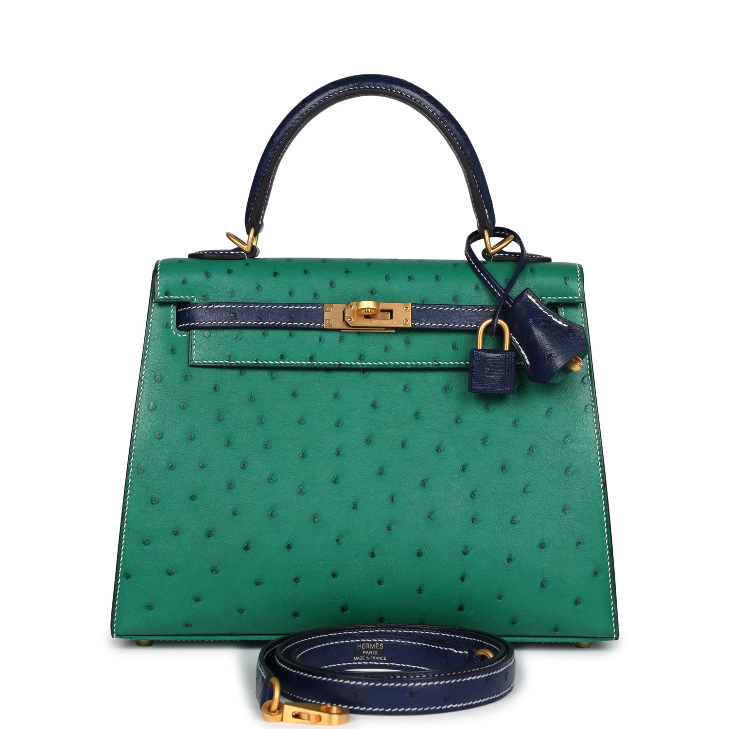 Hermes Kelly Sellier 25 Vert Vertigo and Bleu Iris Ostrich Brushed Gold Hardware - Exclusu