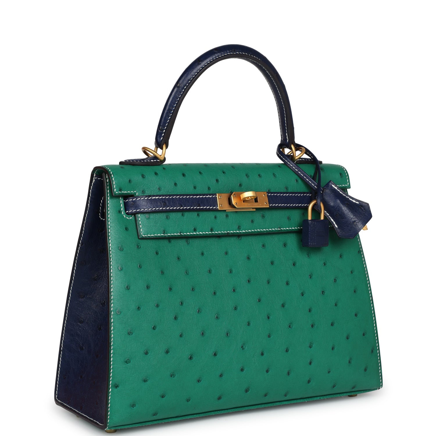 Hermes Kelly Sellier 25 Vert Vertigo and Bleu Iris Ostrich Brushed Gold Hardware - Exclusu