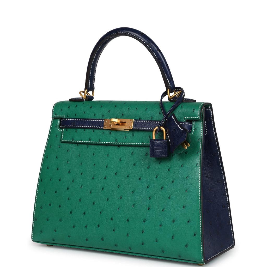 Hermes Kelly Sellier 25 Vert Vertigo and Bleu Iris Ostrich Brushed Gold Hardware - Exclusu