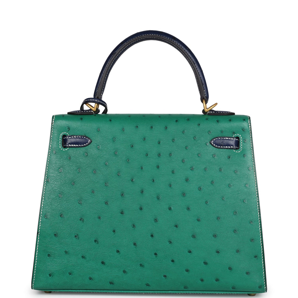 Hermes Kelly Sellier 25 Vert Vertigo and Bleu Iris Ostrich Brushed Gold Hardware - Exclusu