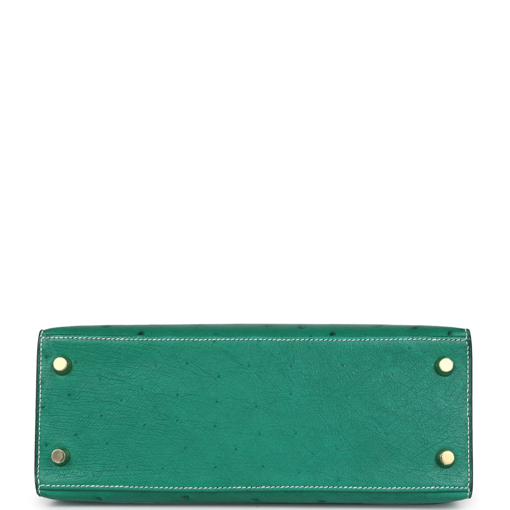 Hermes Kelly Sellier 25 Vert Vertigo and Bleu Iris Ostrich Brushed Gold Hardware - Exclusu